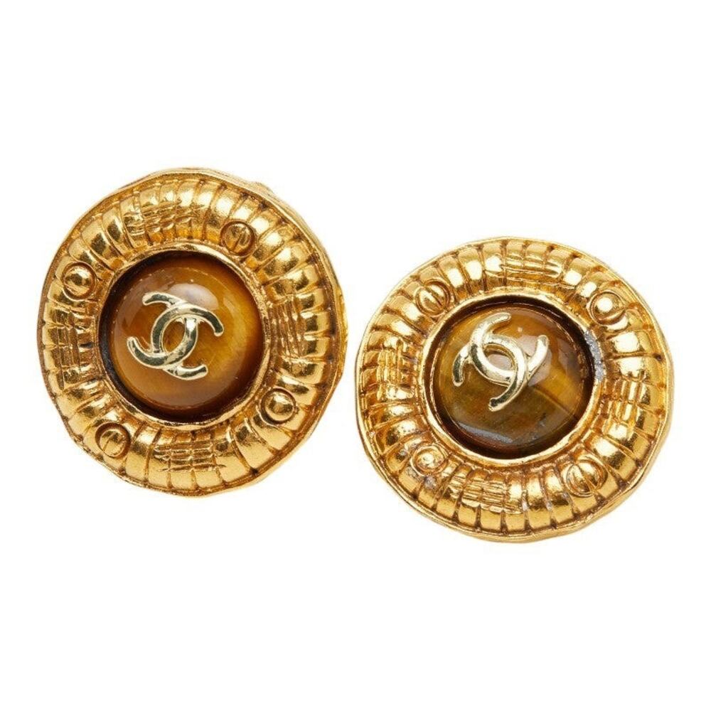 Chanel CC Logo Vintage Round Earrings Gold Brown Plating Tiger Eye